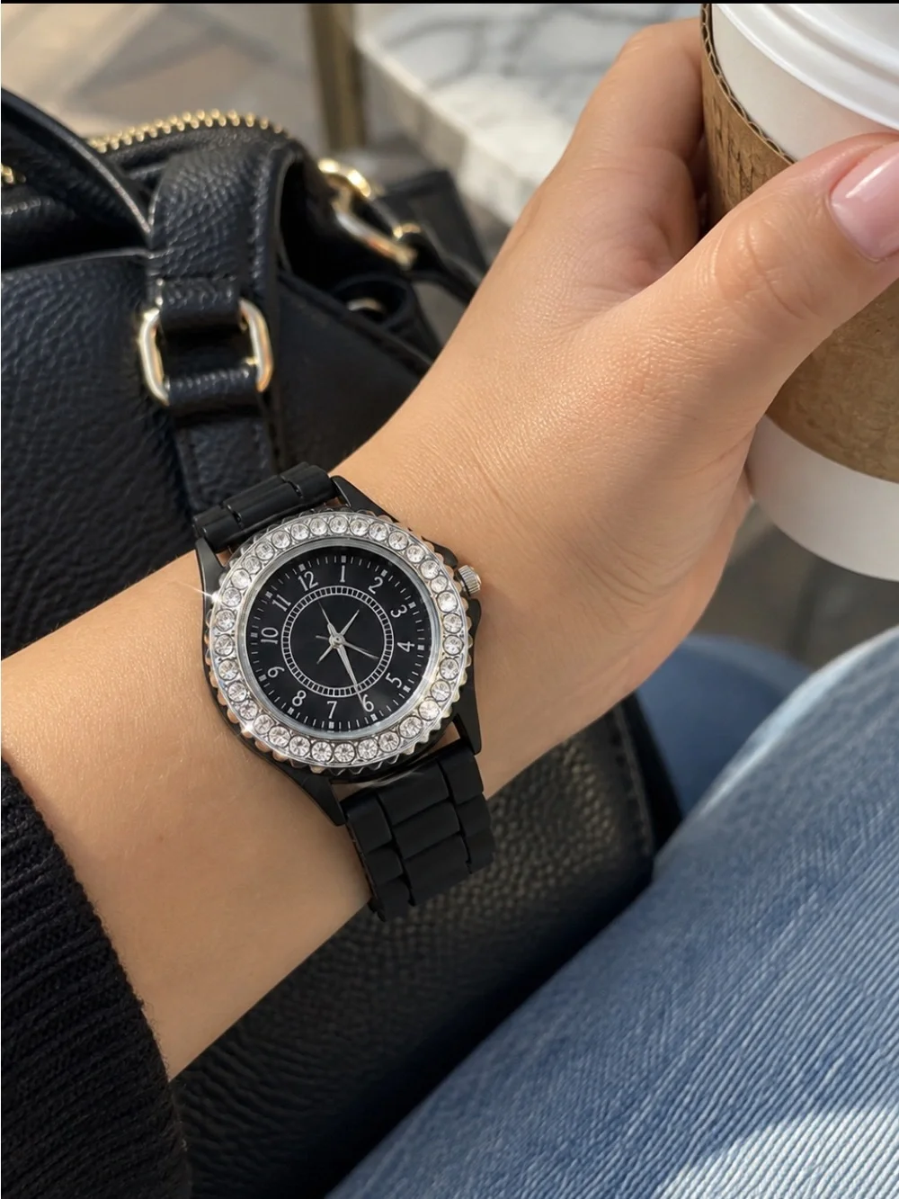 Black Crystal Bezel Watch Black Silicone Band Women’s Bling Fashion Analog Watch